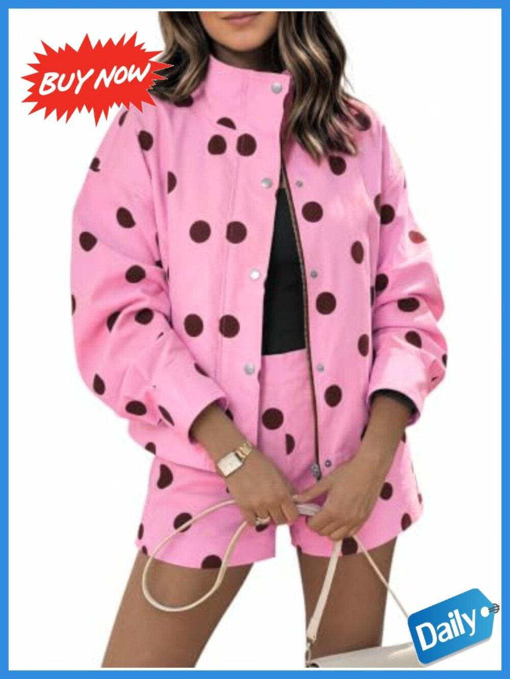 Womens 2 Piece Polka Dot Shorts Set Cropped Zip Jacket Matching Outfit